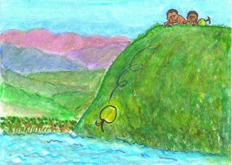 �R�̏ォ��R�R�i�c�𗎂Ƃ���l�A�]���藎����R�R�i�c