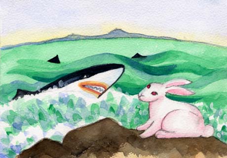 表紙・海の向こうの島を見るウサギ